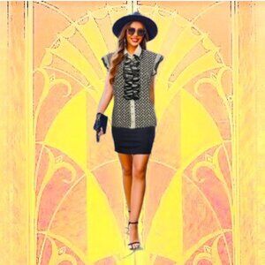 diMARE Black and White Ruffled Blouse Cap Sleeves Size 10 Excellent Cond